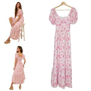 Altar'd State Pink White Floral Maxi Dress Puff Sleeves Smocked Back Size Large